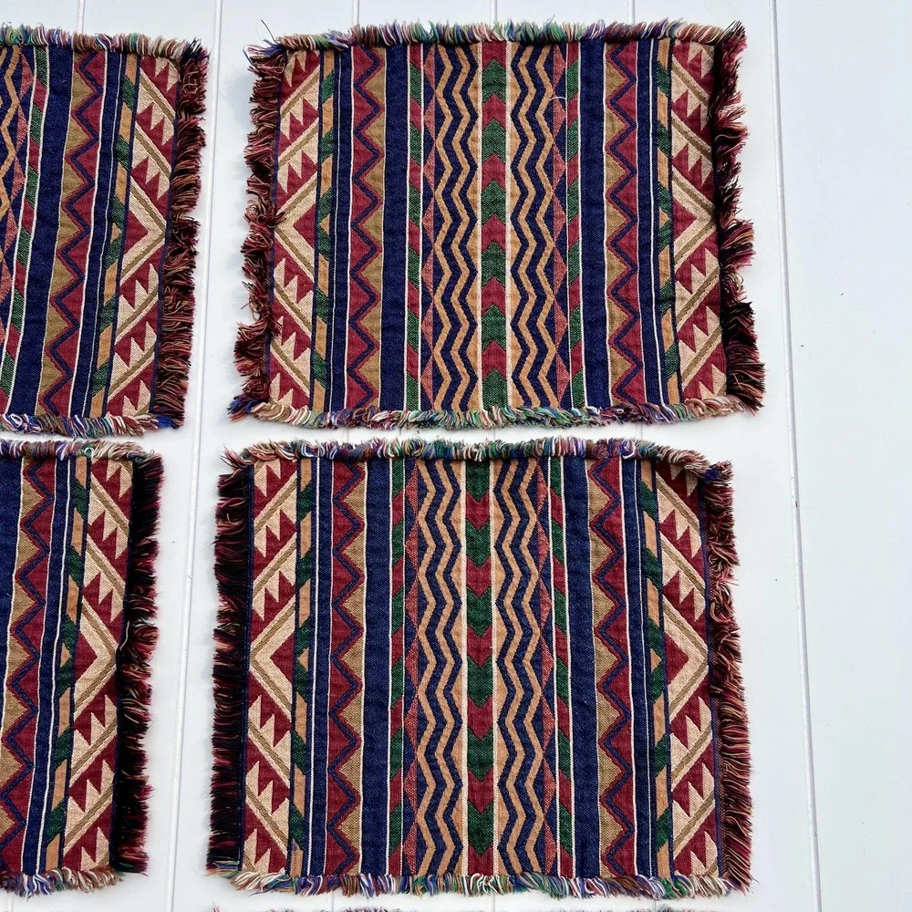 Vintage Southwestern Geometric Fabric Fringe Placemats | Set of 6